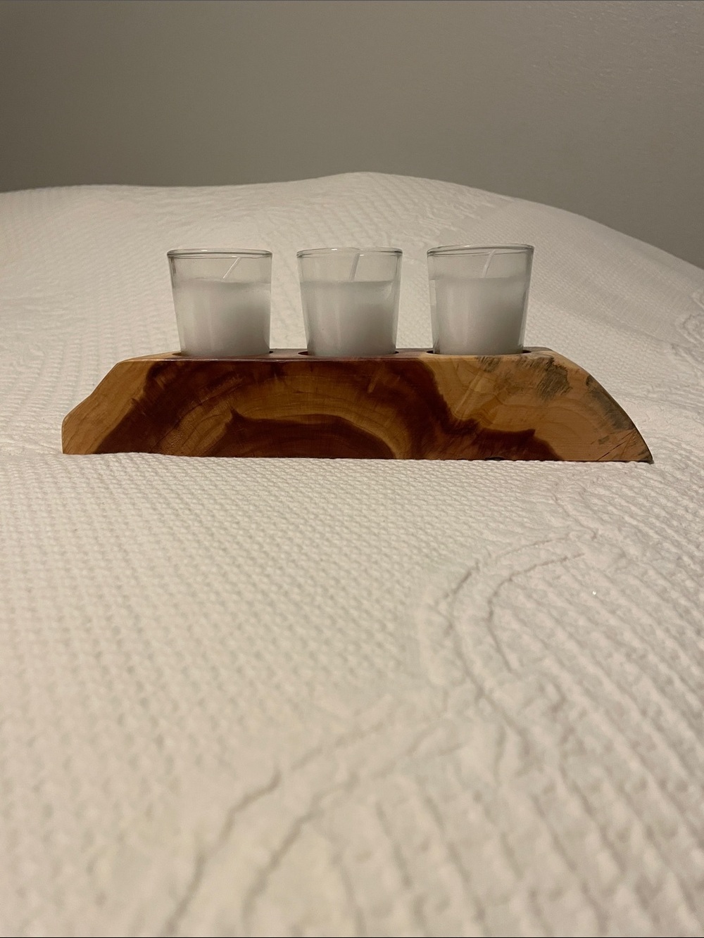 Wooden Cedar Candle Votive Holder with 3 White Glass Votives